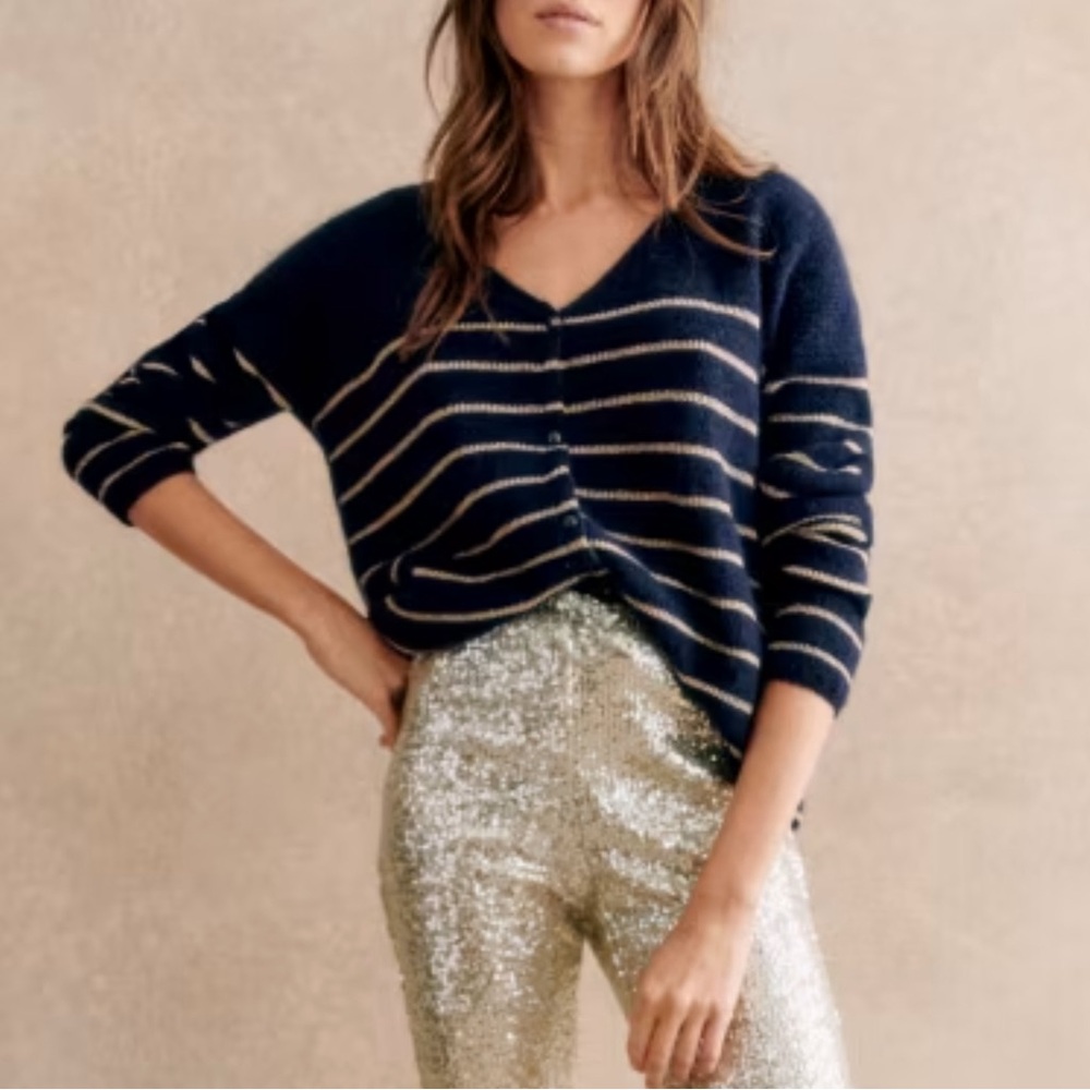 SEZANE Navy & Gold Striped Mohair Alpaca Wool Barry Cardigan Reversible Sweater